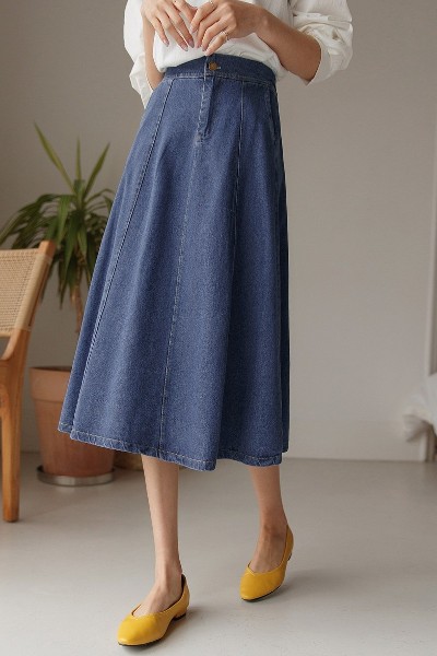 Se Back Banding Flared Denim Skirt