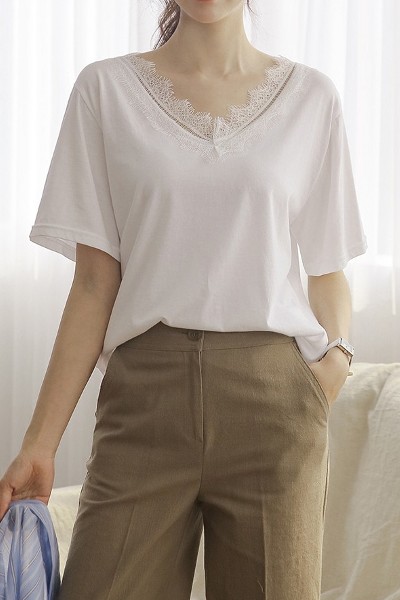 Soda Lace Neck Modal Short Sleeve Tee Shirt