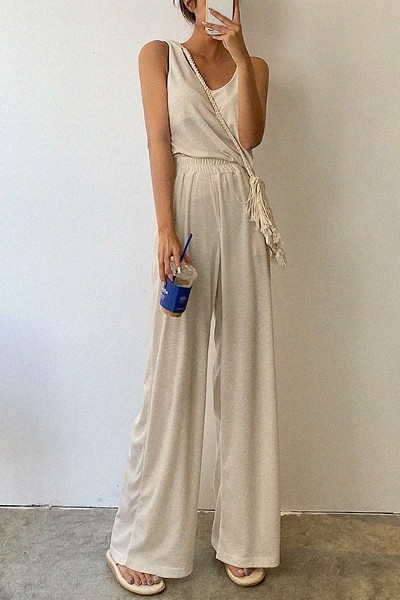 Summer Hemp Sleeveless Wide Pants Set