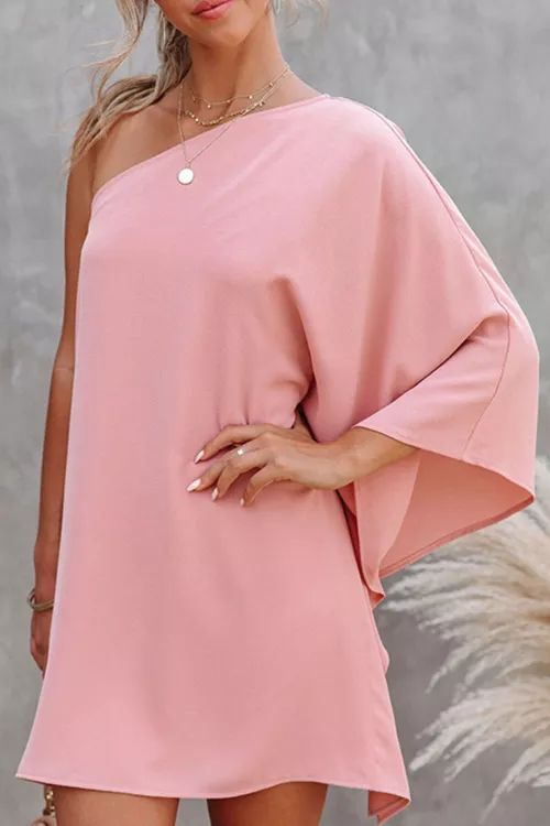 Women's Loose One Shoulder Ruffle Sleeve Dress - Pink